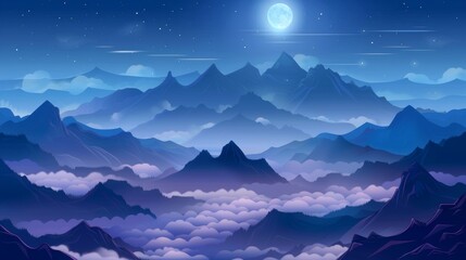 In the dark dusk landscape with stone hill peaks, haze and fog against a blue sky with a full moon, the top of a high rocky mountain appears above clouds. Modern illustration dark dusk landscape with