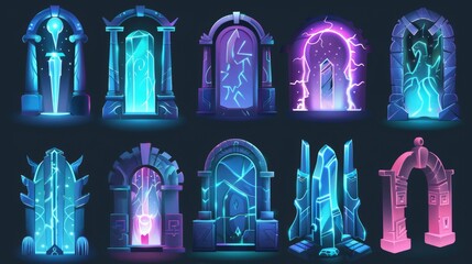 Set of magic game portals isolated on a white background. Cartoon illustrations of iron, wooden, stone arch gates with neon blue, pink, green energy effects, teleportation to parallel worlds, time - obrazy, fototapety, plakaty
