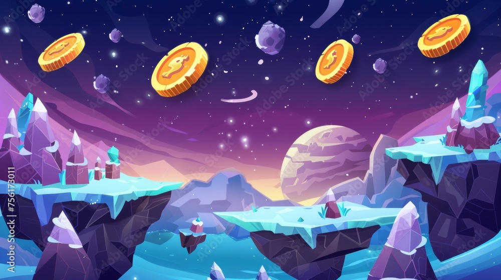 Poster game level route with coins to collect on floating land islands on background with alien planet surf