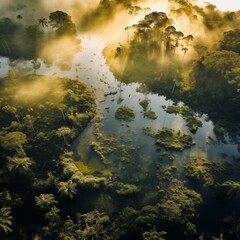 The green riverbanks blend into the natural silence, creating a picturesque riverscape from a bird's-eye view, untouched by settlements - obrazy, fototapety, plakaty