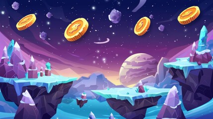 Game level route with coins to collect on floating land islands on background with alien planet surface in outer space. Cartoon videogame map with treasure on flying platform made of rock and ice. - obrazy, fototapety, plakaty