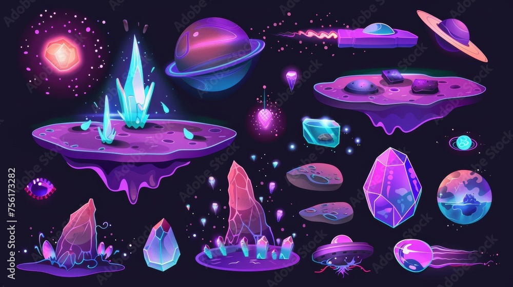 Poster game design ui elements set of floating alien planet, magic portal and explosion effect, gemstones a