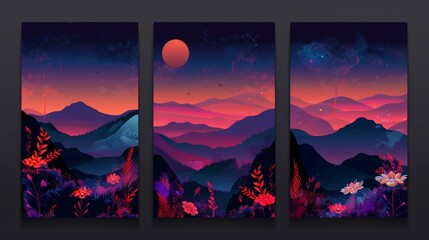 Retrowave posters with elegant floral decoration on color gradient and black background. Retro futuristic flashback vibe banners with Y2K aesthetics. - obrazy, fototapety, plakaty