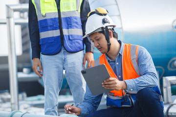 Team engineer holding tablet working at rooftop building construction. Male technician worker...