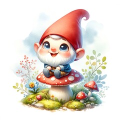 Funny Garden Gnome Sitting on Fly Agaric Mushroom. Fairy Tale Personage Isolated on White Background. Cute Elf Character, Design Element for Summer Orchard Landscaping, Cartoon Illustration