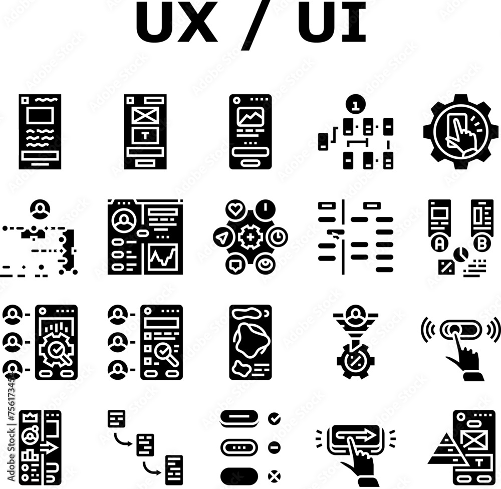 Poster ui ux design agency user develop icons set vector. phone button, marketing website, web app, mobile 