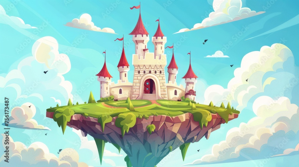 Poster this is an illustration of an ancient kingdom castle floating in the sky with clouds and surrounded 