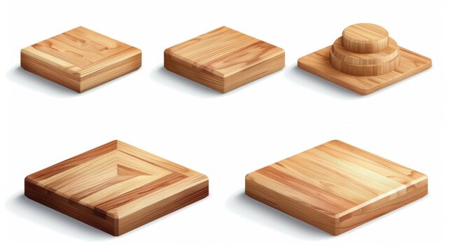 Wooden platforms on white background. Modern illustration of square and pentagonal stages for beauty product presentations, award designs, showcase stands, furniture materials, etc.