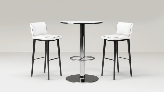 This is a realistic modern illustration of an empty booth display bar counter with stools made from white plastic tops and black legs. The furniture could represent a coffee shop or exhibition stand.