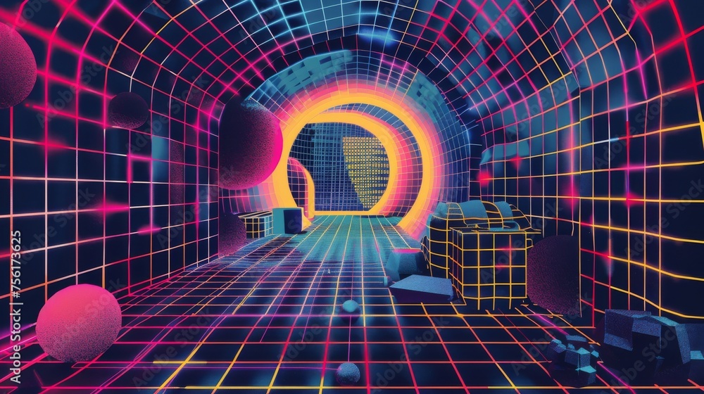 Poster y2k poster design template which includes 3d tunnel shapes, simple icons, and text blocks. retro 90s