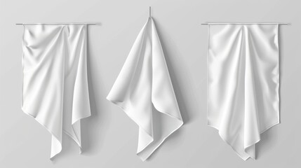 A mockup of an empty folded and hanging handkerchief. A realistic modern illustration set depicting a blank cloth napkin or kitchen towel template.