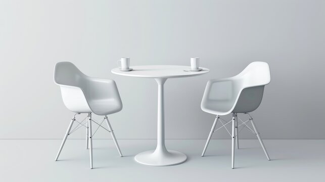 An isolated 3D chair and table isolated on white background. Modern realistic illustration of plastic and metal furniture for a trade fair booth, a conference room, a restaurant interior, or a