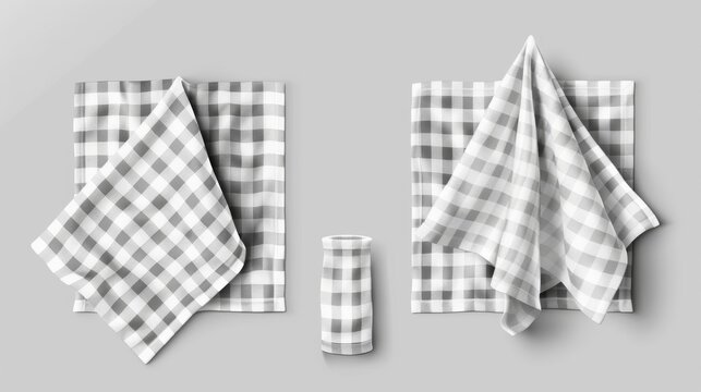 An empty and checked handkerchief mockup. A realistic modern illustration set of a cotton gingham linen napkin or kitchen towel. A fabric tablecloth template and serviette template made of