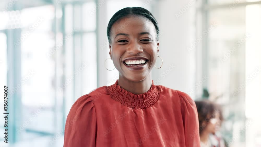 Canvas Prints Black woman, face and laughing with smile at office in confidence for career, job or positive attitude. Portrait of happy African female person or friendly business employee in happiness at workplace