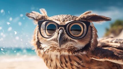 Experience the intensity of an owl leaping onto the beach in a stunning close-up photo, Ai Generated. - obrazy, fototapety, plakaty