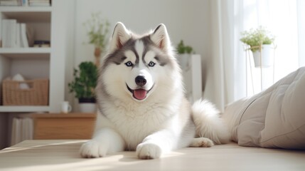 Adorable Alaskan Malamute lounges on a white carpet in the cozy living room, pure canine charm, Ai Generated. - obrazy, fototapety, plakaty