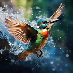 Naklejka premium Small bird dives into blue-green water, chasing a fish with a splash, Ai Generated.