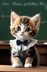  Portrait  cute tiny kitten wearing fancy outfit, teaching classroom full of kitten students. Sweet dainty face, petite, softest fur, adorable, charming, cuteness overload, chalkboard, lesson.