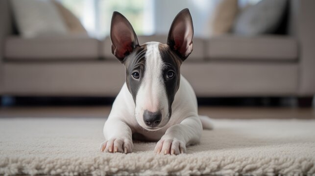 Cute Bull Terrier cozily lies on a white carpet, adding a delightful touch to the living room, Ai Generated.