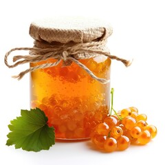 Delightful cloudberry jam marmalade jelly preserves in a glass jar, accompanied by fresh cloudberries, displayed on a clean white backdrop, Ai Generated.