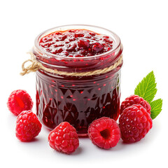 A jar of homemade raspberry jam with fresh raspberries, isolated on a white background. Ai Generated.