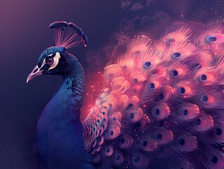 a peacock artwork, very beautiful, front on view, opalescent colours and lighting