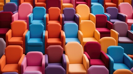 Obraz premium Rows of colorful chairs create a lively and dynamic scene, a burst of chromatic harmony, Ai Generated.