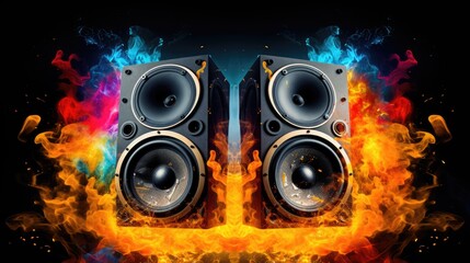 Epic speakers engulfed in flames and smoke amidst music symbols on vibrant background. Ai Generated.