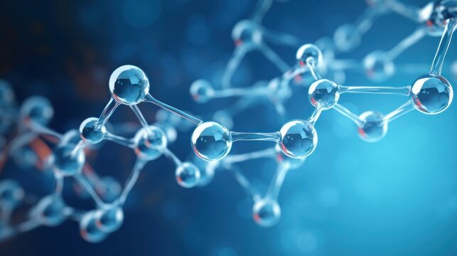 Three glass molecules or atoms on a blue background. medical concept