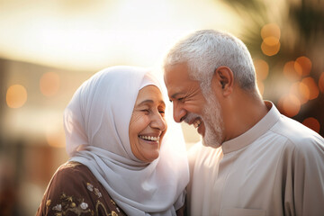 An elderly man and woman of Asian descent, in love, smiling warmly at each other