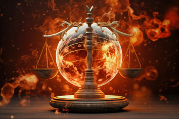 The scale of justice engulfed in flames, symbolizing chaos and destruction