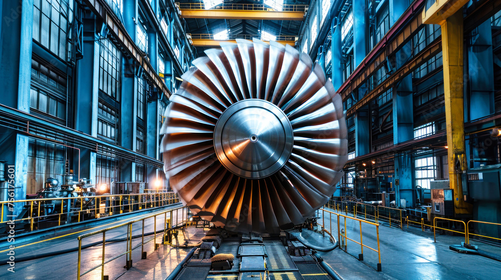 Poster large jet engine displayed in factory workshop