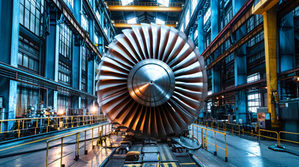 Large Jet Engine Displayed in Factory Workshop - obrazy, fototapety, plakaty