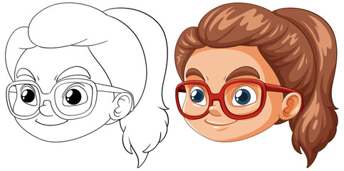 Color and outline of a cartoon girl with glasses.