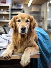 Labrador pet waits on gurney, at vet, for checkup
