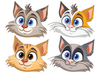 Fototapeta premium Four stylized cartoon cat faces with different expressions.