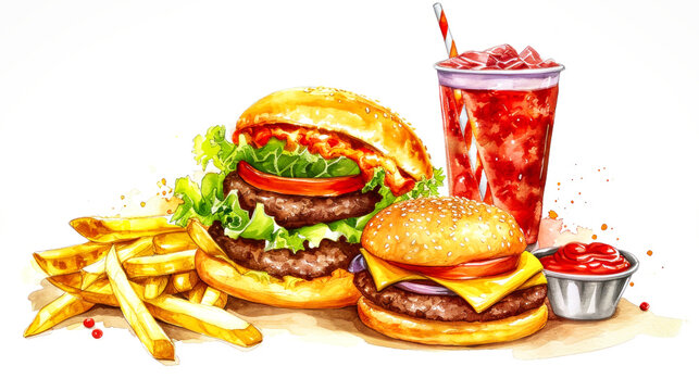 Painting of a Hamburger and Fries With a Drink