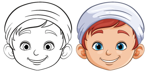 Vector illustration of a happy boy's face, colored and outlined.
