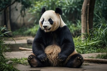 Gorgeous giant panda bear sitting down