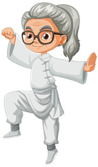 Animated elderly woman in a martial arts stance.