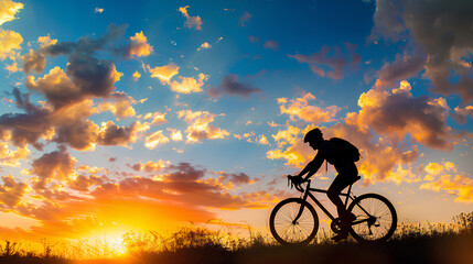Silhouette of a cyclist riding a bike on a hillside path with a vibrant, cloud-filled sunset sky in the background.
