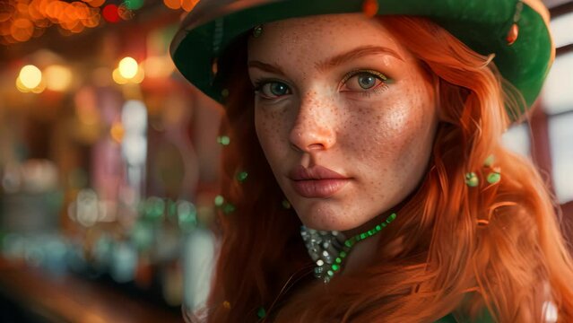 Woman in a Saint Patrick Day outfit posing for a photo in the background an Irish pub.