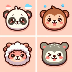 set of cute cartoon animal faces, including a panda, a bear, a sheep. flat style