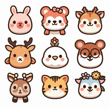 set of cute animal faces. suitable for stickers