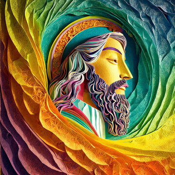 Elaborate Dimensional cut paper depiction of a profile of Jesus - colorful elaborate origami style image