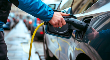 A human hand holds a battery charger for an electric car. Connect to electric cars