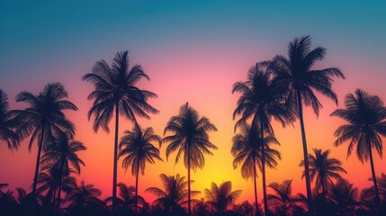 Fototapeta premium Palm trees cast captivating shadows against the vibrant hues of a tropical sunrise or sunset. Ai Generated.