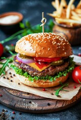 Gourmet Cheeseburger Served With Seasoned Fries on a Wooden Table at a Cozy Restaurant