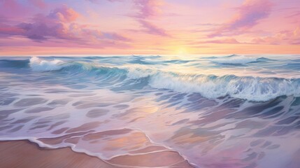A soft ocean wave kisses the beach, bathed in vibrant pink and blue hues of the evening sky. Ai Generated.