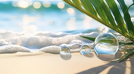 Sunlit water bubbles sparkle on the shore, accompanied by a palm leaf frond on a tropical beach. Ai...